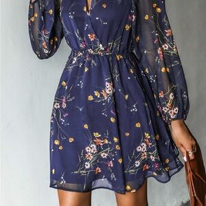 Cupshe Navy Floral Long Sleeve Dress